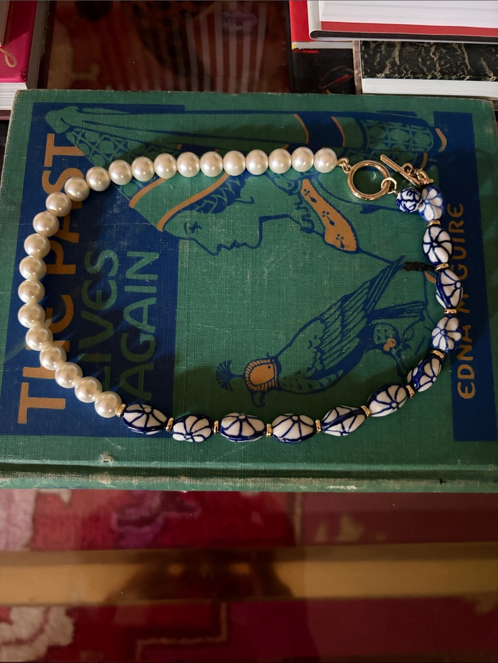 Pearl and blue bead porcelain necklace
